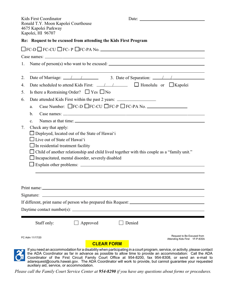 Form 1F-P-835A Request to Be Excused From Attending the Kids First Program - Hawaii, Page 1