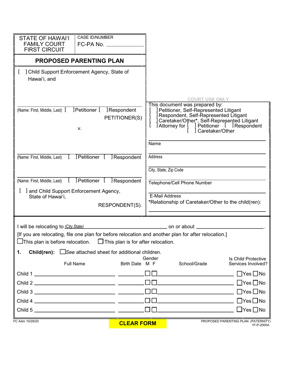 Form 1F-P-2005A Proposed Parenting Plan - Hawaii, Page 1