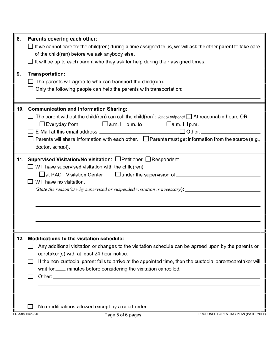 Form 1F-P-2005A Proposed Parenting Plan - Hawaii, Page 5