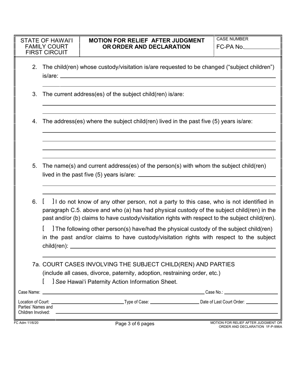 Form 1F-P-996A Motion for Relief After Judgment or Order; and Declaration - Hawaii, Page 3