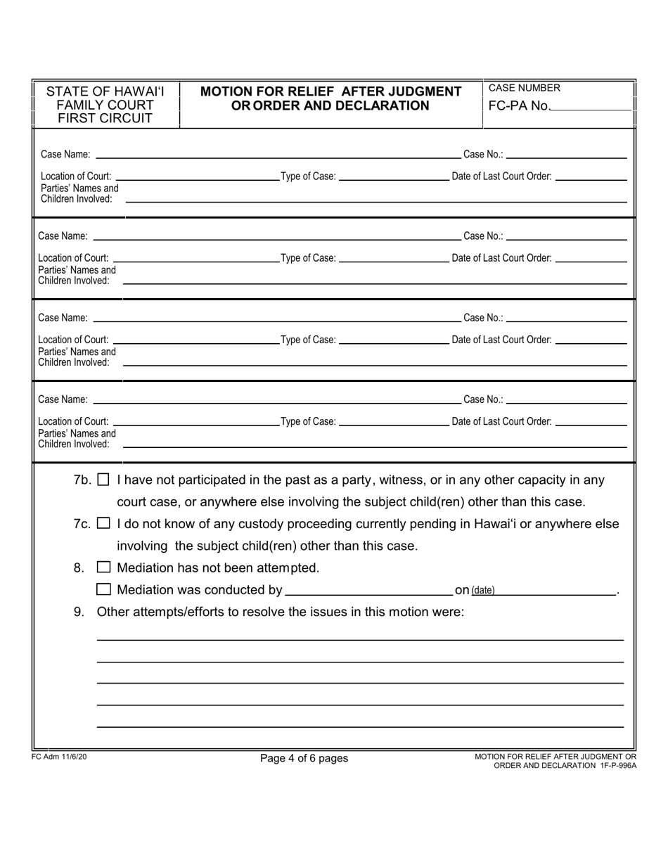 Form 1F-P-996A Motion for Relief After Judgment or Order; and Declaration - Hawaii, Page 4