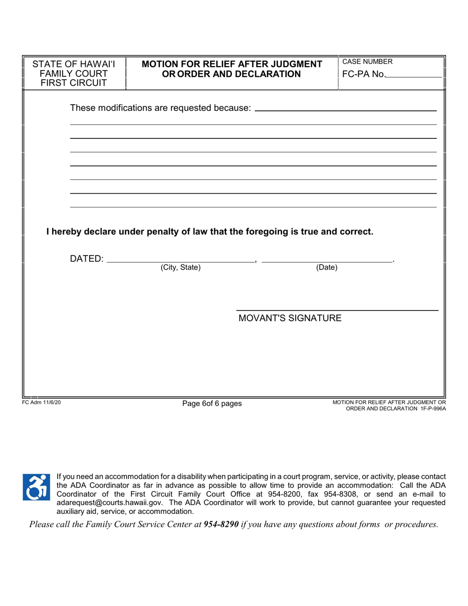 Form 1F-P-996A Motion for Relief After Judgment or Order; and Declaration - Hawaii, Page 6