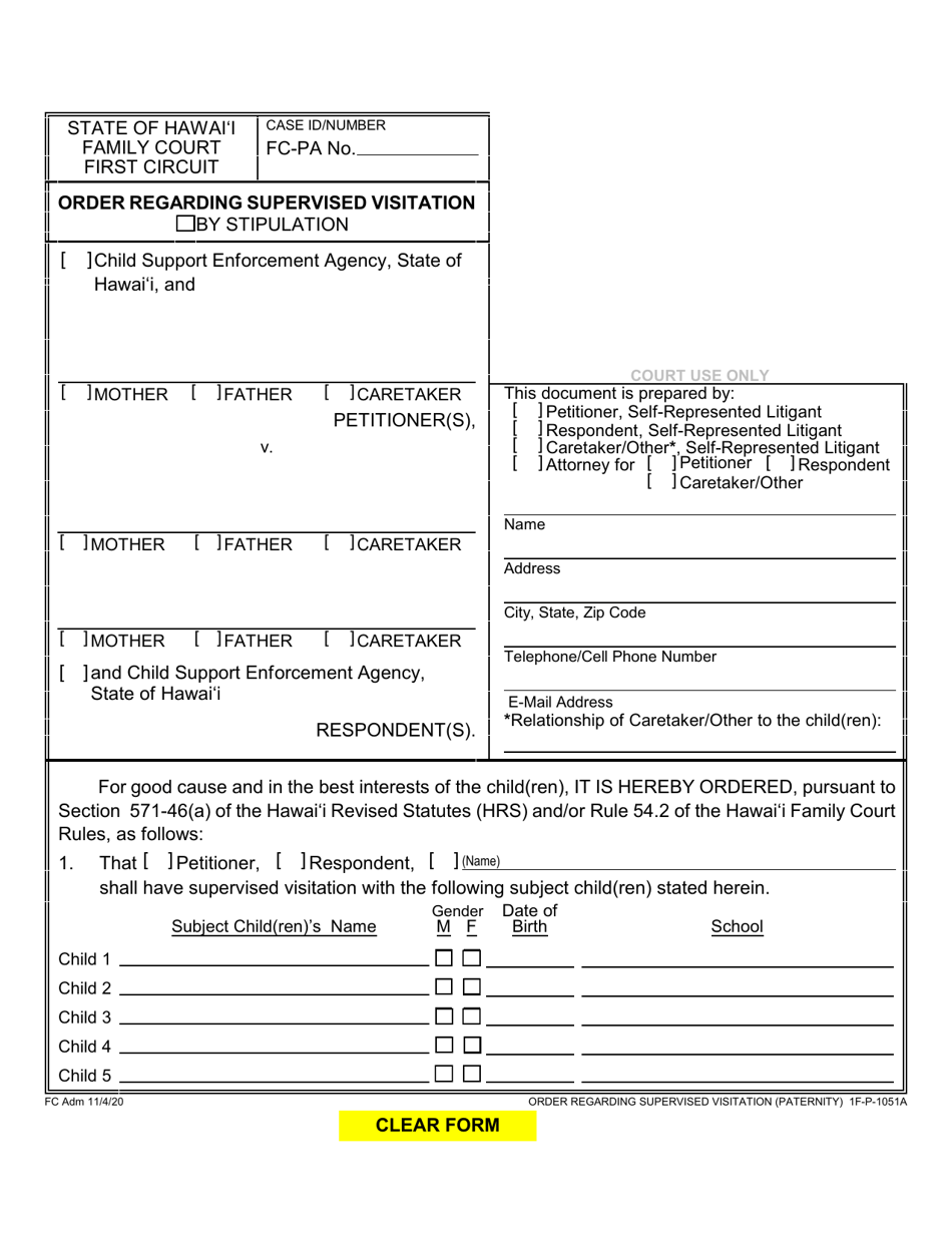 Form 1F-P-1051A Order Regarding Supervised Visitation - Hawaii, Page 1