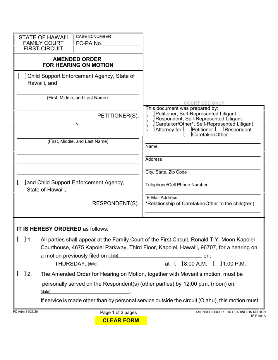 Form 1F-P-991A Amended Order for Hearing on Motion - Hawaii, Page 1