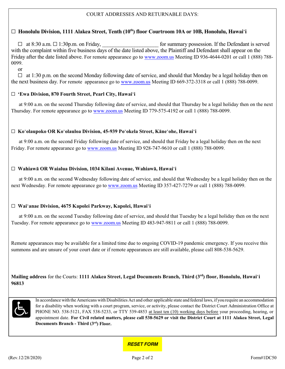 Form 1DC50 Summons - Hawaii, Page 2