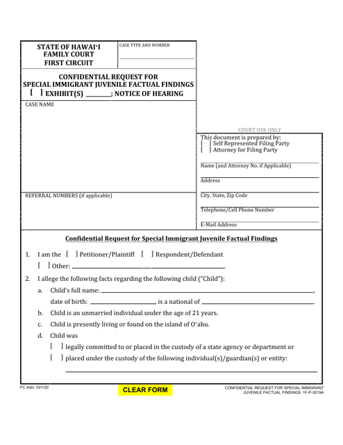 Form 1F-P-3019A Confidential Request for Special Immigrant Juvenile Factual Findings - Hawaii