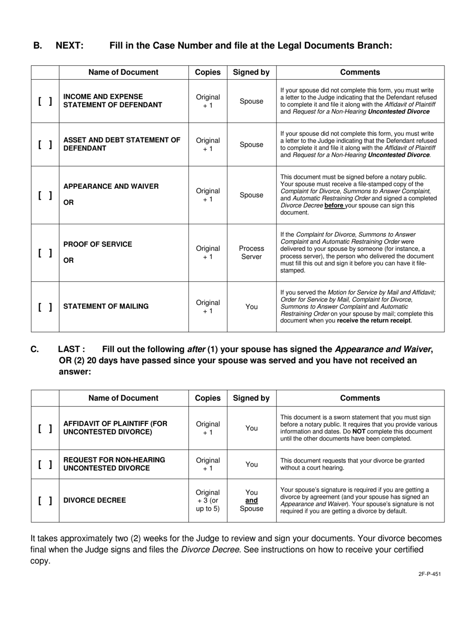 Form 2F-P-451 Uncontested Divorce Without Children Document Checklist - Hawaii, Page 2