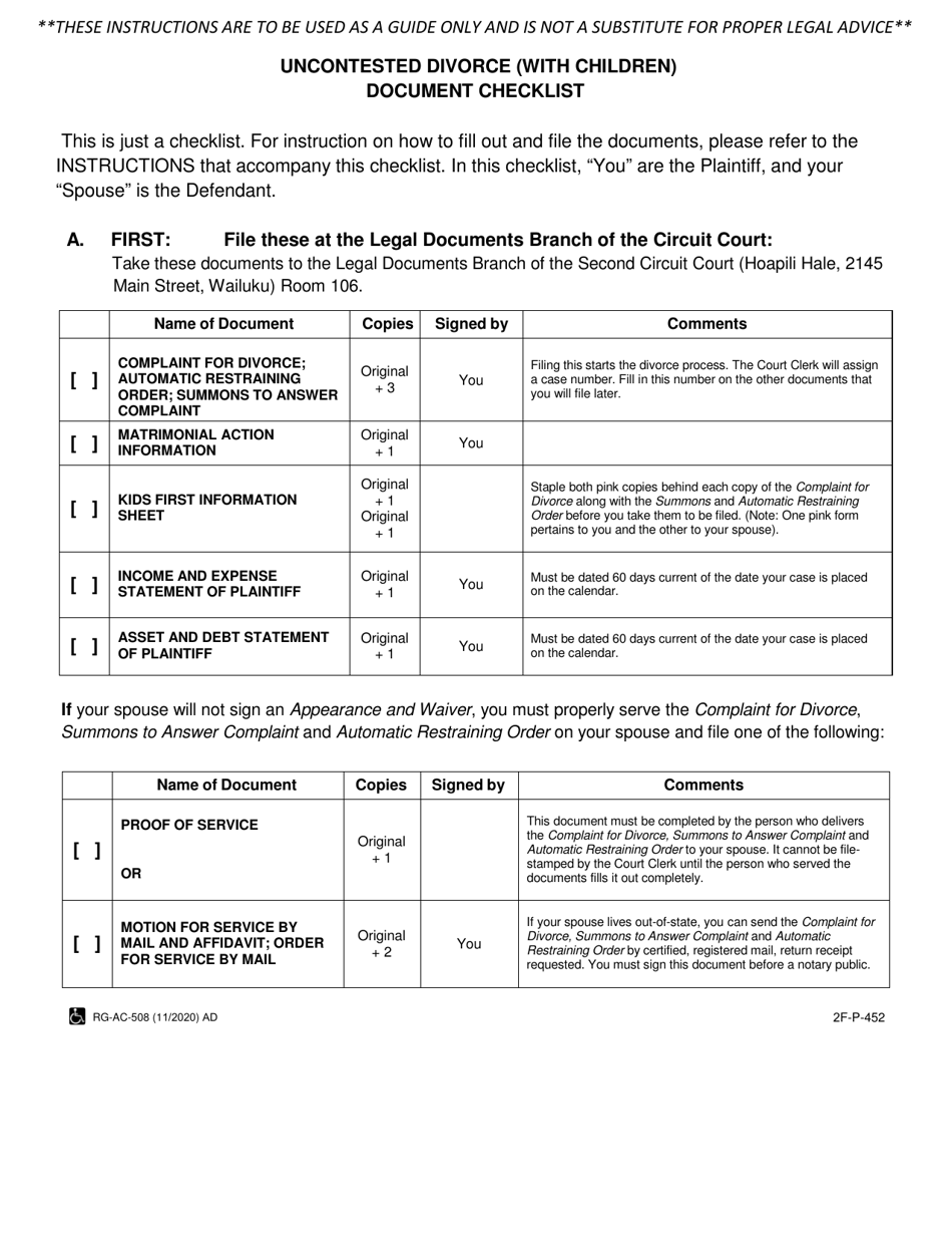 Form 2F-P-452 Uncontested Divorce With Children Document Checklist - Hawaii, Page 1