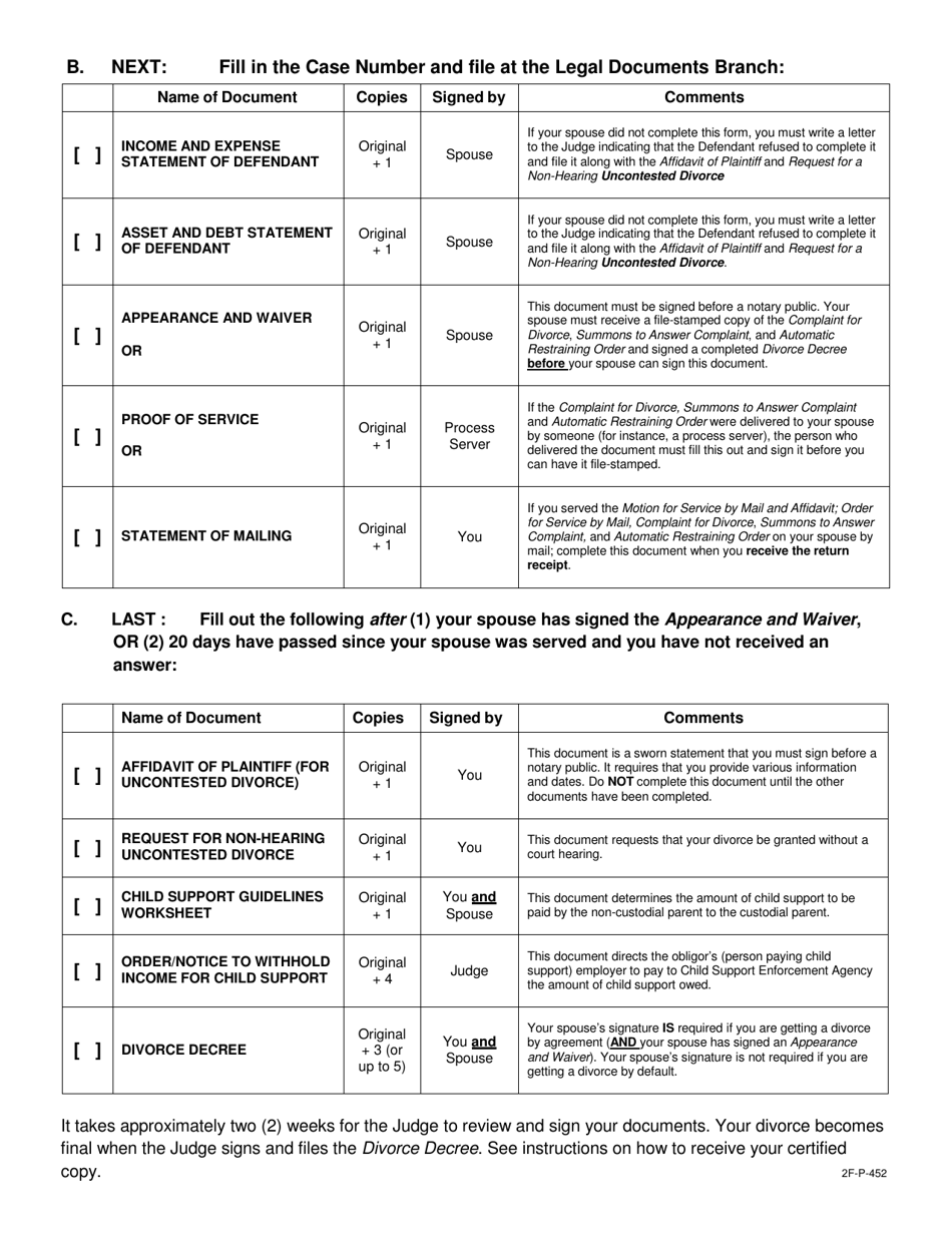 Form 2F-P-452 Uncontested Divorce With Children Document Checklist - Hawaii, Page 2
