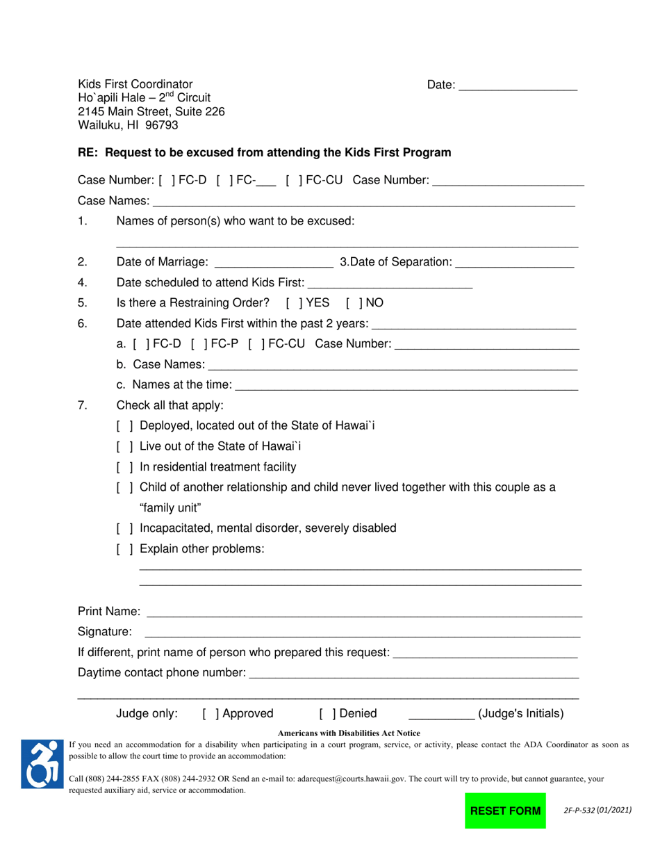Form 2F-P-532 Request to Be Excused From Attending Kids First Program - Hawaii, Page 1