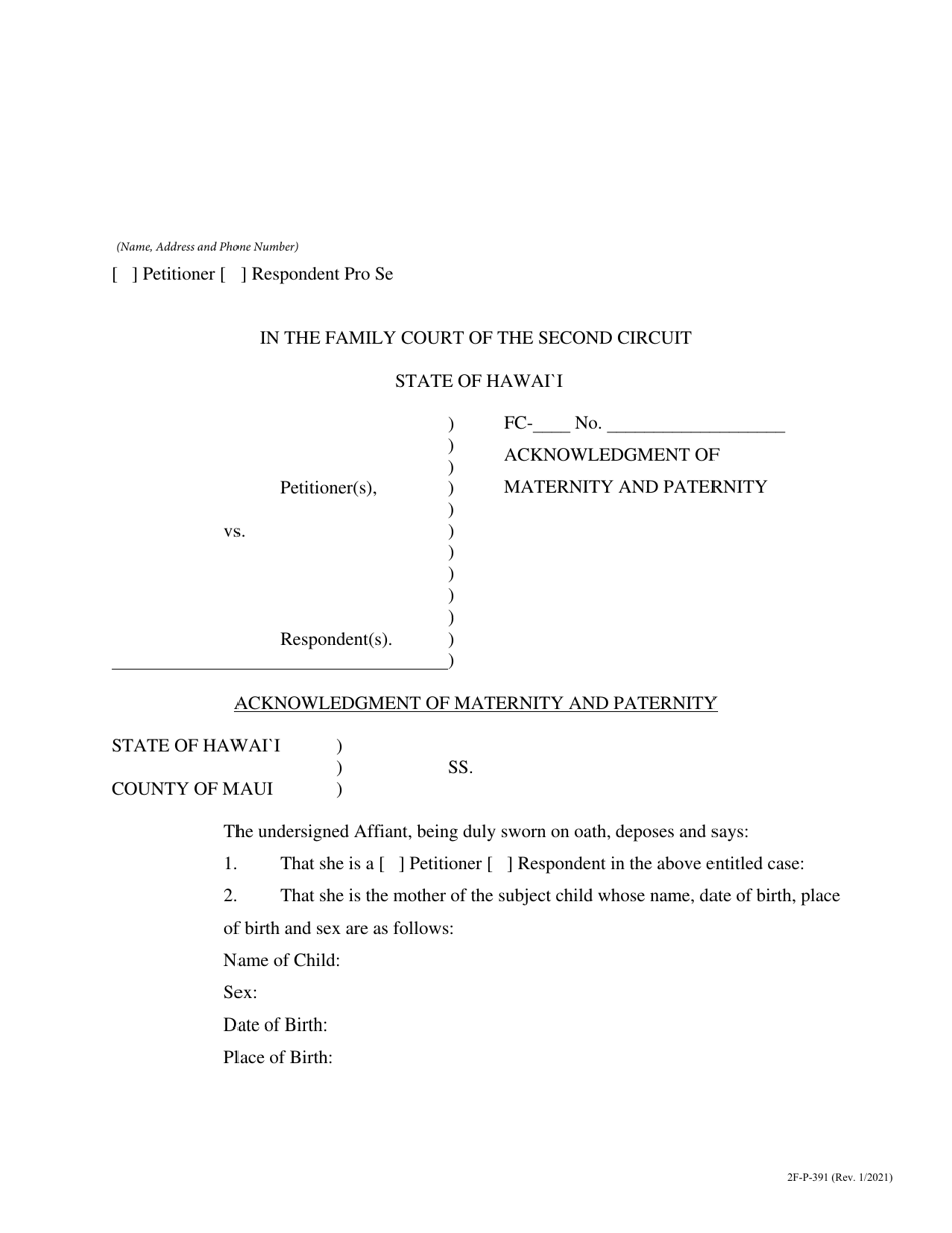 Form 2F-P-391 Acknowledgment of Maternity and Paternity - Hawaii, Page 1