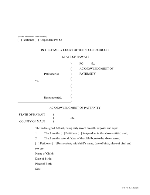 Form 2F-P-392 Acknowledgment of Paternity - Hawaii
