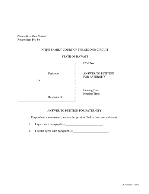 Form 2F-P-397 Answer to Petition for Paternity - Hawaii
