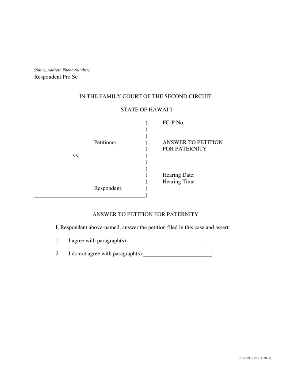 Form 2F-P-397 Answer to Petition for Paternity - Hawaii, Page 1