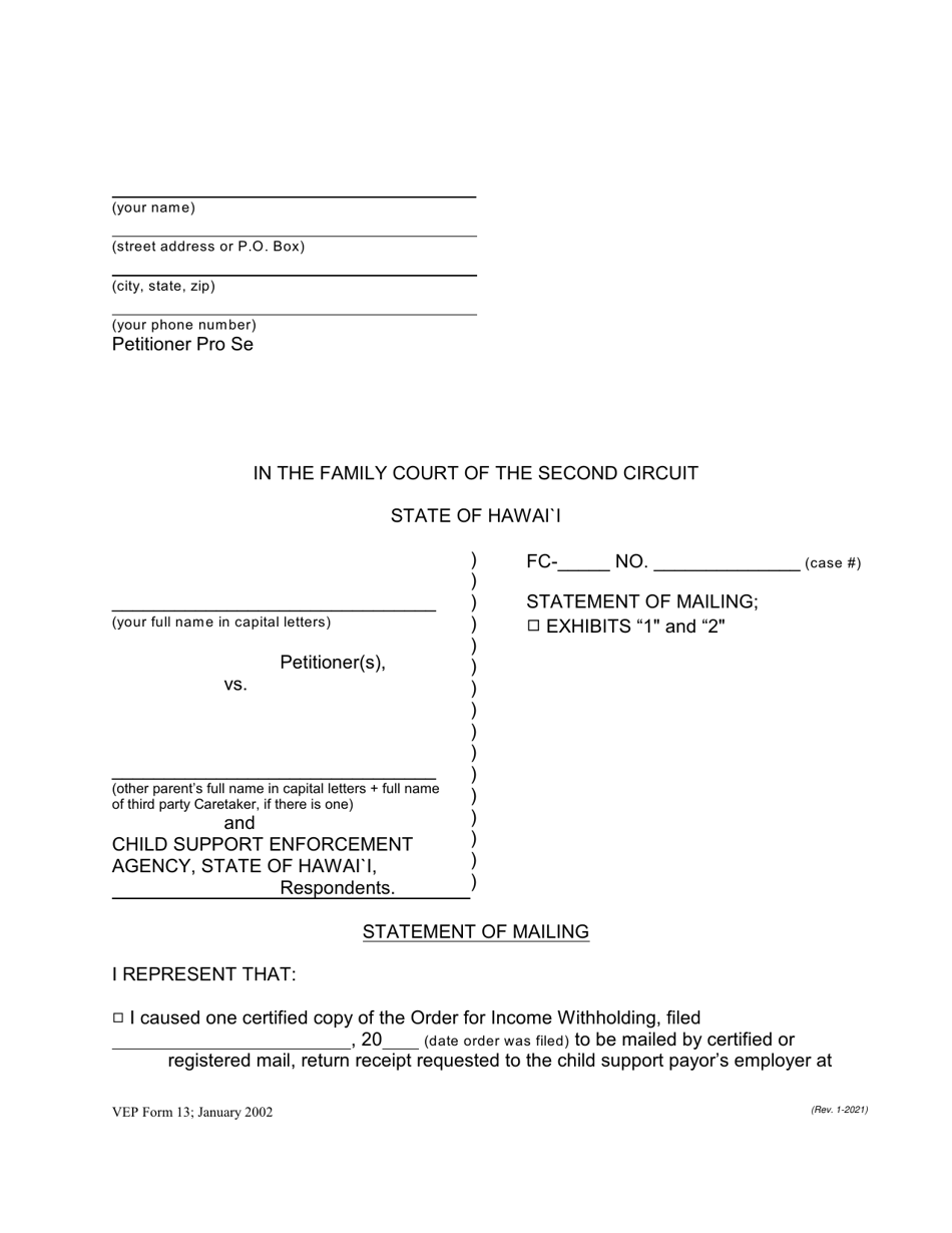 VEP Form 13 Statement of Mailing; Exhibits 1 and 2 - Hawaii, Page 1