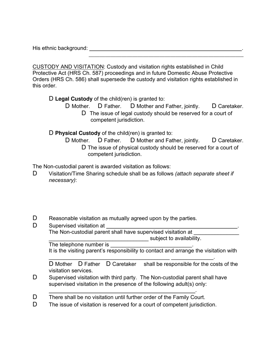 Form 2F-P-458 Order Re: Custody Visitation, Support After Voluntary Establishment of Paternity - Hawaii, Page 3