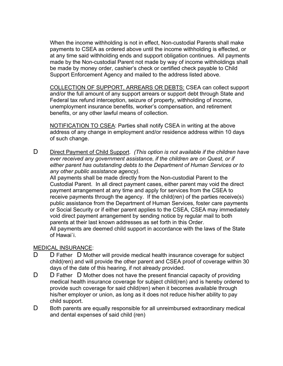 Form 2F-P-458 Order Re: Custody Visitation, Support After Voluntary Establishment of Paternity - Hawaii, Page 5