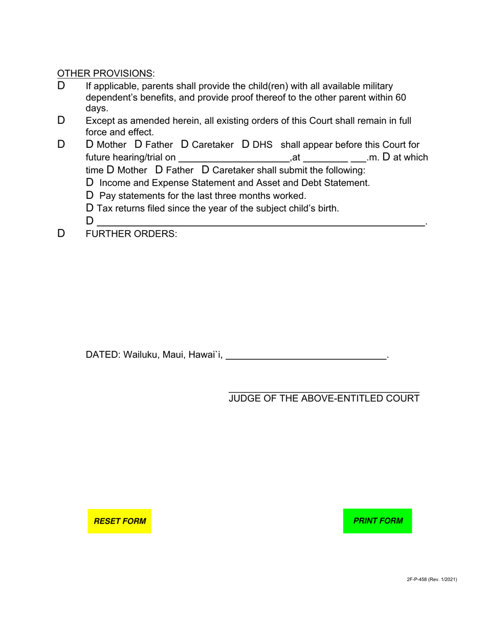 Form 2F-P-458 Order Re: Custody Visitation, Support After Voluntary Establishment of Paternity - Hawaii, Page 6