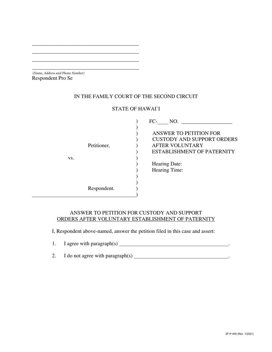 Form 2F-P-459 Answer to Petition for Custody and Support Orders After Voluntary Establishment of Paternity - Hawaii, Page 1