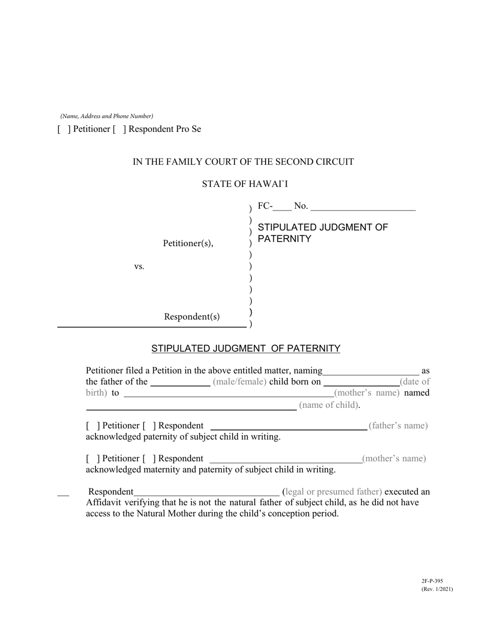 Form 2f P 395 Download Fillable Pdf Or Fill Online Stipulated Judgment Of Paternity Hawaii 2019 1924