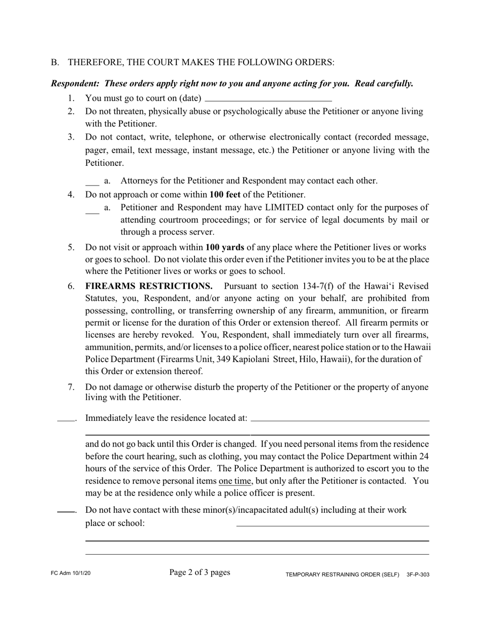 Form 3F-P-303 Temporary Restraining Order - Hawaii, Page 2