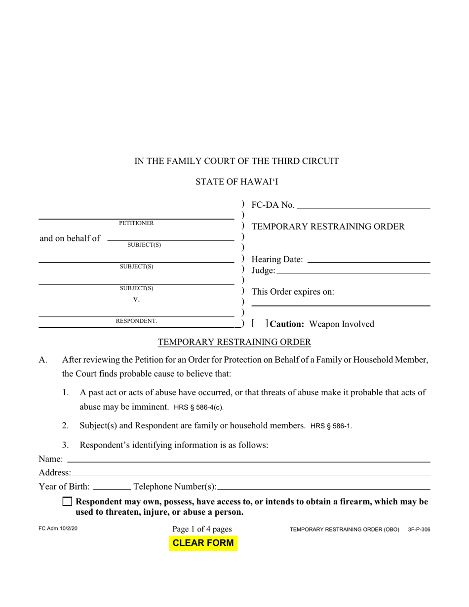 Form 3F-P-306 Temporary Restraining Order - Hawaii, Page 1