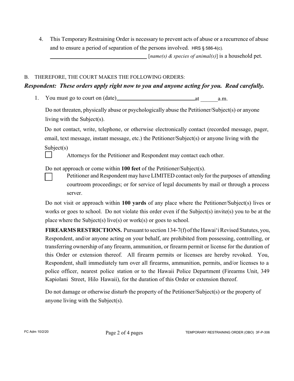 Form 3F-P-306 Temporary Restraining Order - Hawaii, Page 2