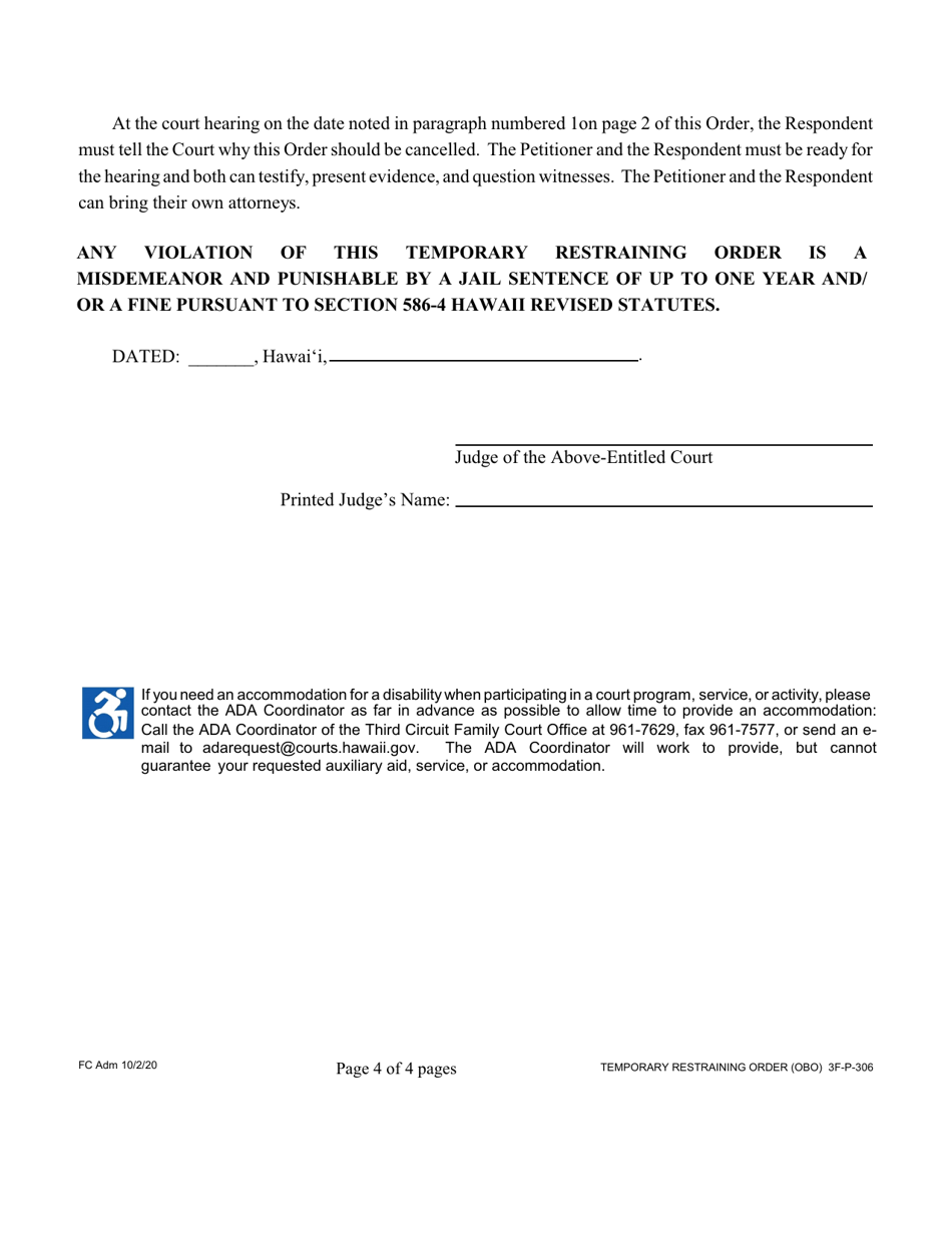 Form 3F-P-306 Temporary Restraining Order - Hawaii, Page 4