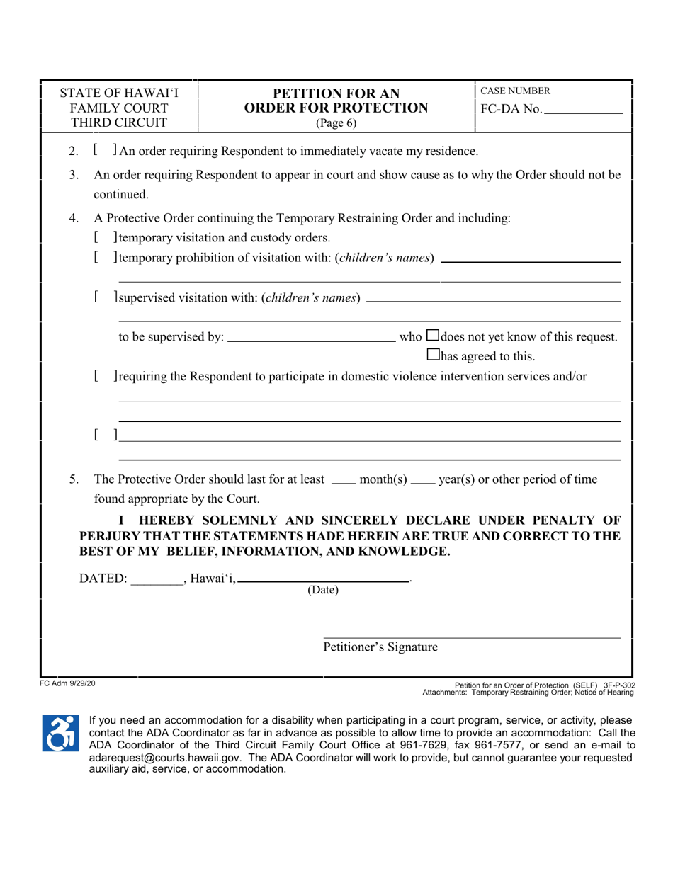 Form 3F-P-302 Petition for Order of Protection - Hawaii, Page 6