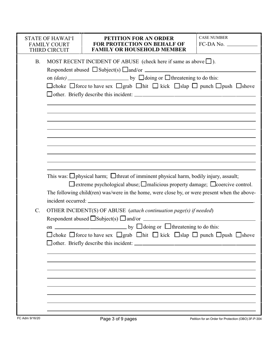 Form 3F-P-304 Petition for an Order for Protection on Behalf of a Family or Household Members - Hawaii, Page 3