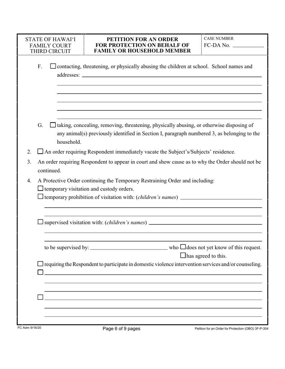 Form 3F-P-304 Petition for an Order for Protection on Behalf of a Family or Household Members - Hawaii, Page 6