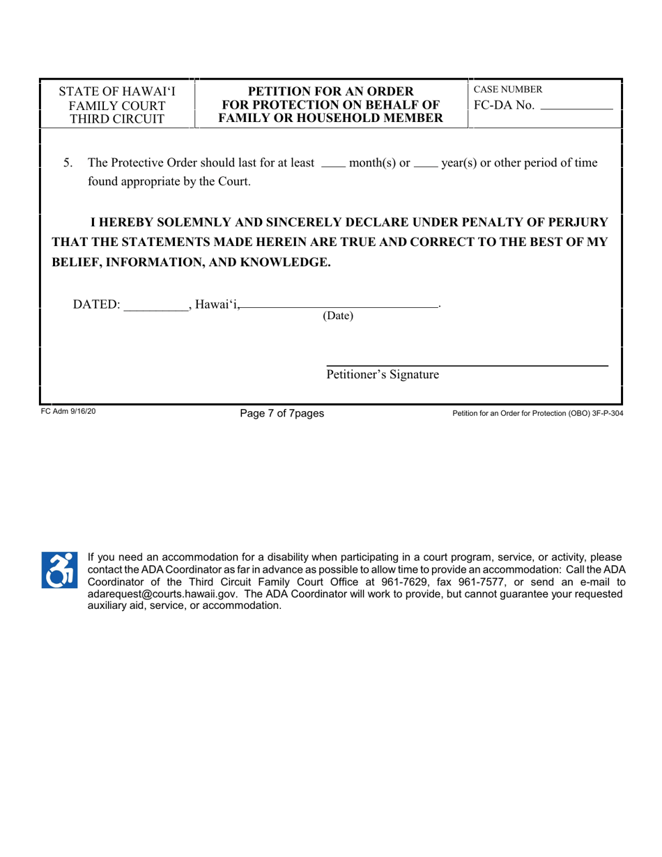 Form 3F-P-304 Petition for an Order for Protection on Behalf of a Family or Household Members - Hawaii, Page 7