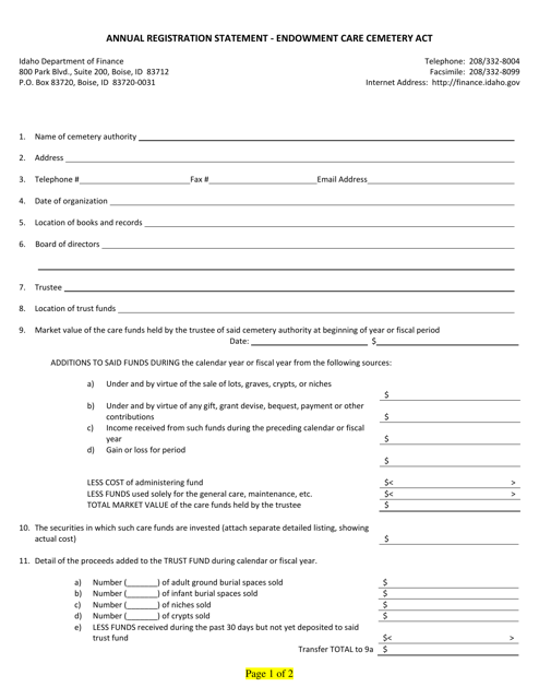 Annual Registration Statement - Endowment Care Cemetery Act - Idaho Download Pdf