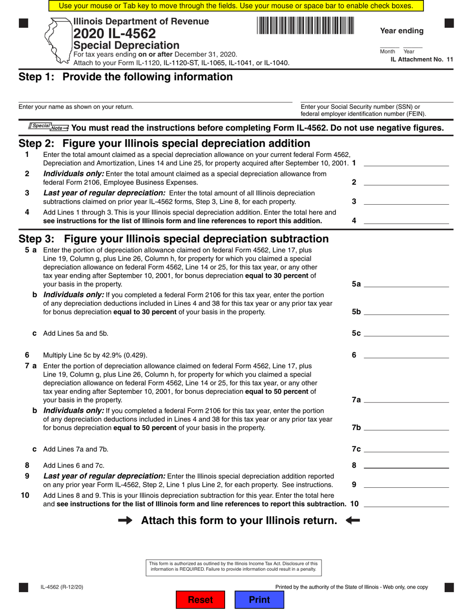 Form IL-4562 Special Depreciation - Illinois, Page 1