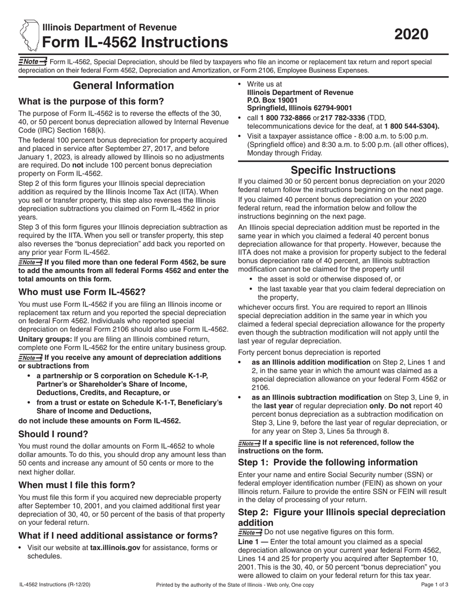 Instructions for Form IL-4562 Special Depreciation - Illinois, Page 1