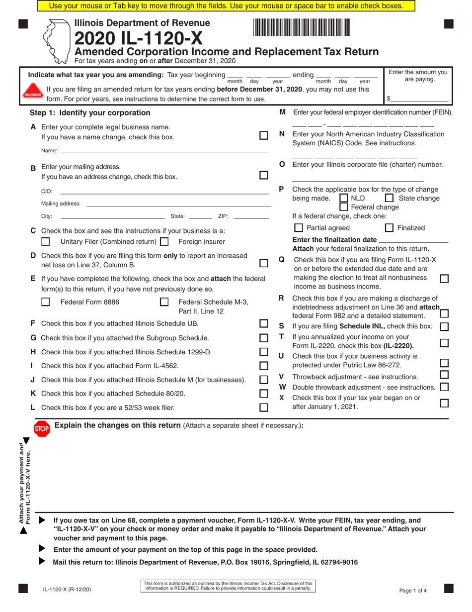 Form IL-1120-X Amended Corporation Income and Replacement Tax Return - Illinois, Page 1