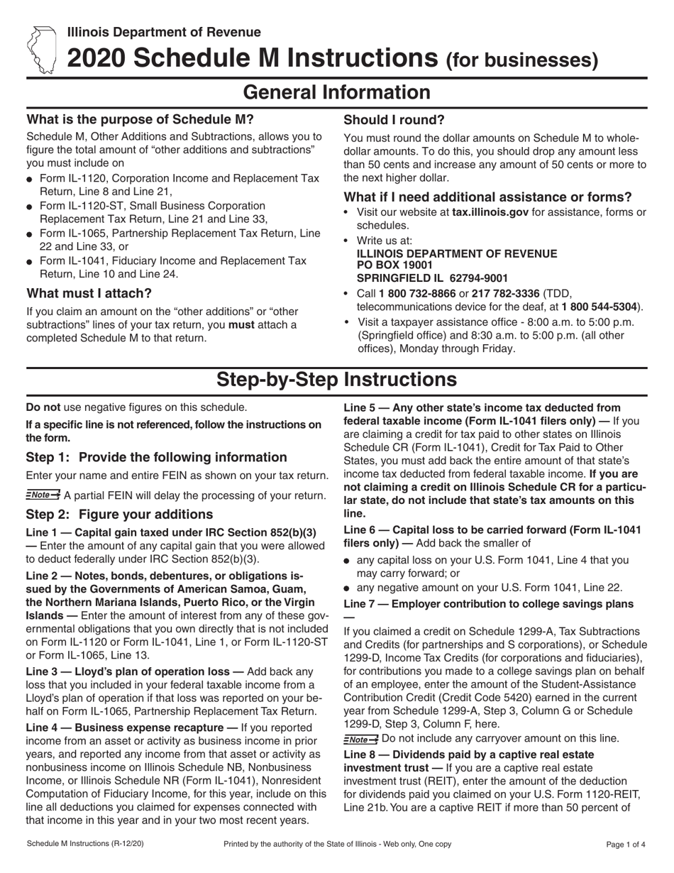 Instructions for Schedule M Other Additions and Subtractions (For Businesses) - Illinois, Page 1