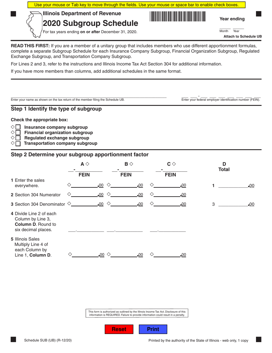 Schedule SUB (UB) Subgroup Schedule - Illinois, Page 1