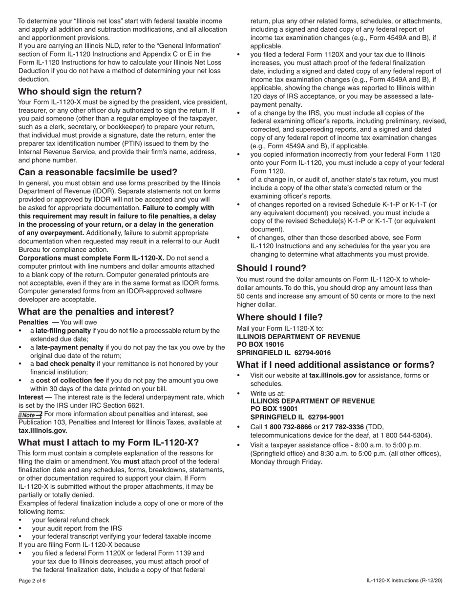 Instructions for Form IL-1120-X Amended Corporation Income and Replacement Tax Return - Illinois, Page 2