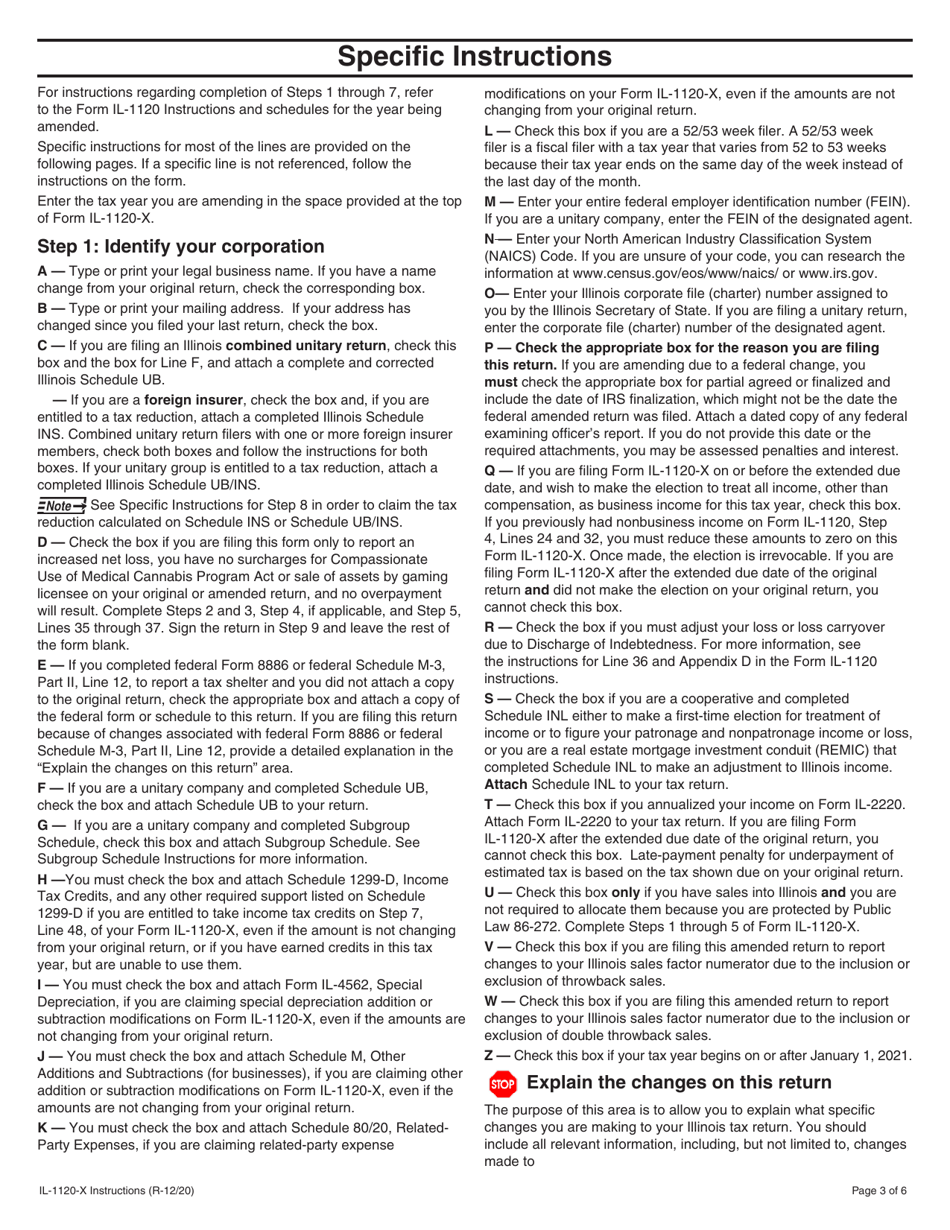 Instructions for Form IL-1120-X Amended Corporation Income and Replacement Tax Return - Illinois, Page 3