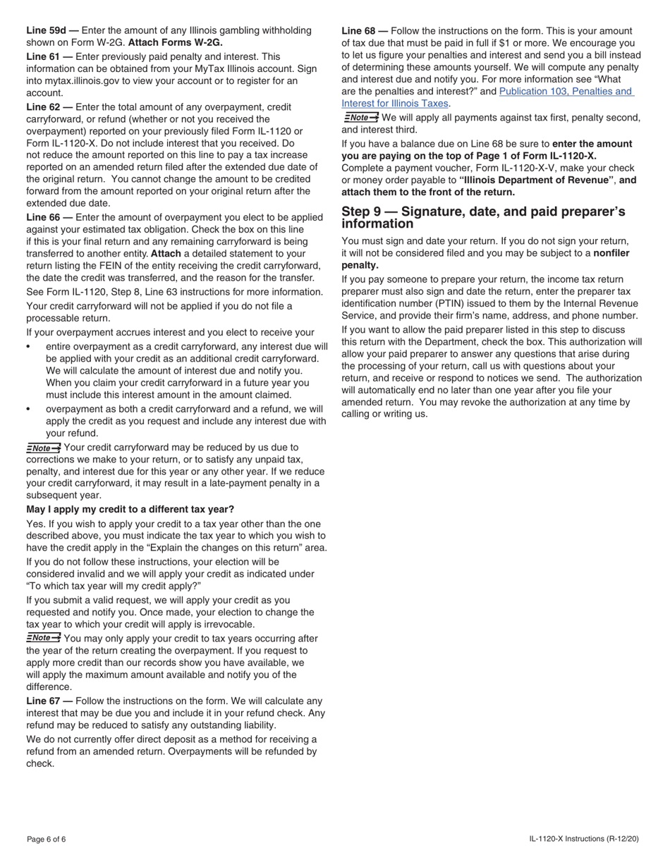 Instructions for Form IL-1120-X Amended Corporation Income and Replacement Tax Return - Illinois, Page 6