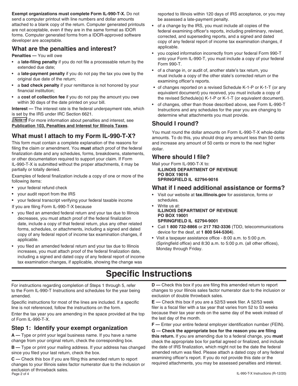Instructions for Form IL-990-T-X Amended Exempt Organization Income and Replacement Tax Return - Illinois, Page 2