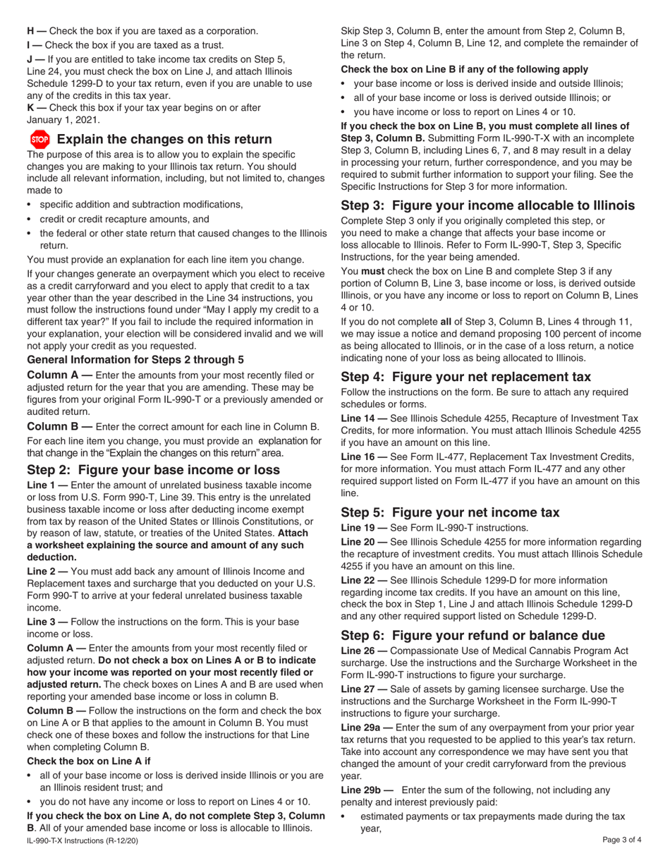 Instructions for Form IL-990-T-X Amended Exempt Organization Income and Replacement Tax Return - Illinois, Page 3