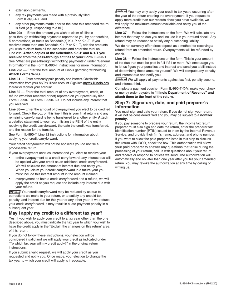 Instructions for Form IL-990-T-X Amended Exempt Organization Income and Replacement Tax Return - Illinois, Page 4