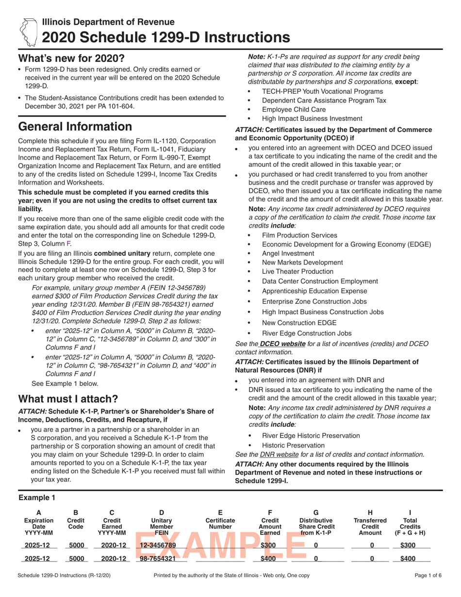 Instructions for Schedule 1299-D Income Tax Credits (For Corporations and Fiduciaries) - Illinois, Page 1