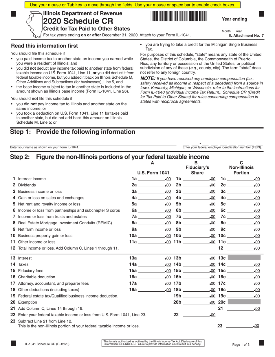 Form IL1041 Schedule CR Download Fillable PDF or Fill Online Credit
