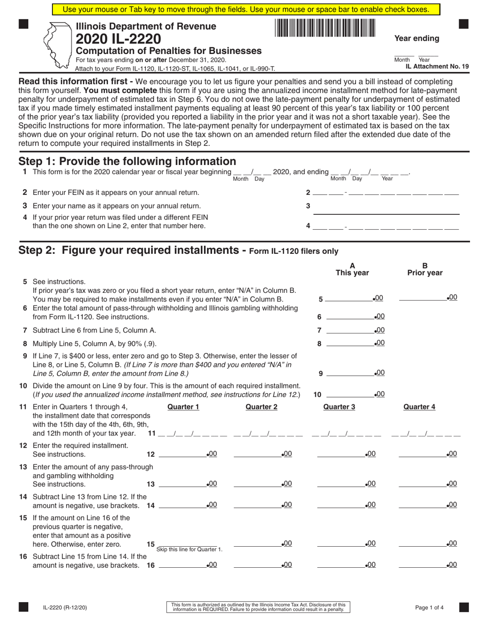 Form IL-2220 Computation of Penalties for Businesses - Illinois, Page 1