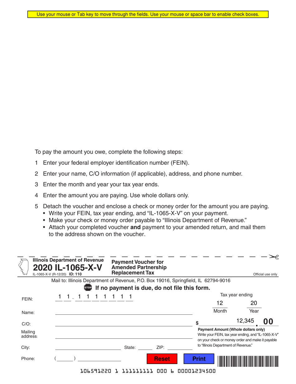 Form IL-1065-X-V Payment Voucher for Amended Partnership Replacement Tax - Illinois, Page 1
