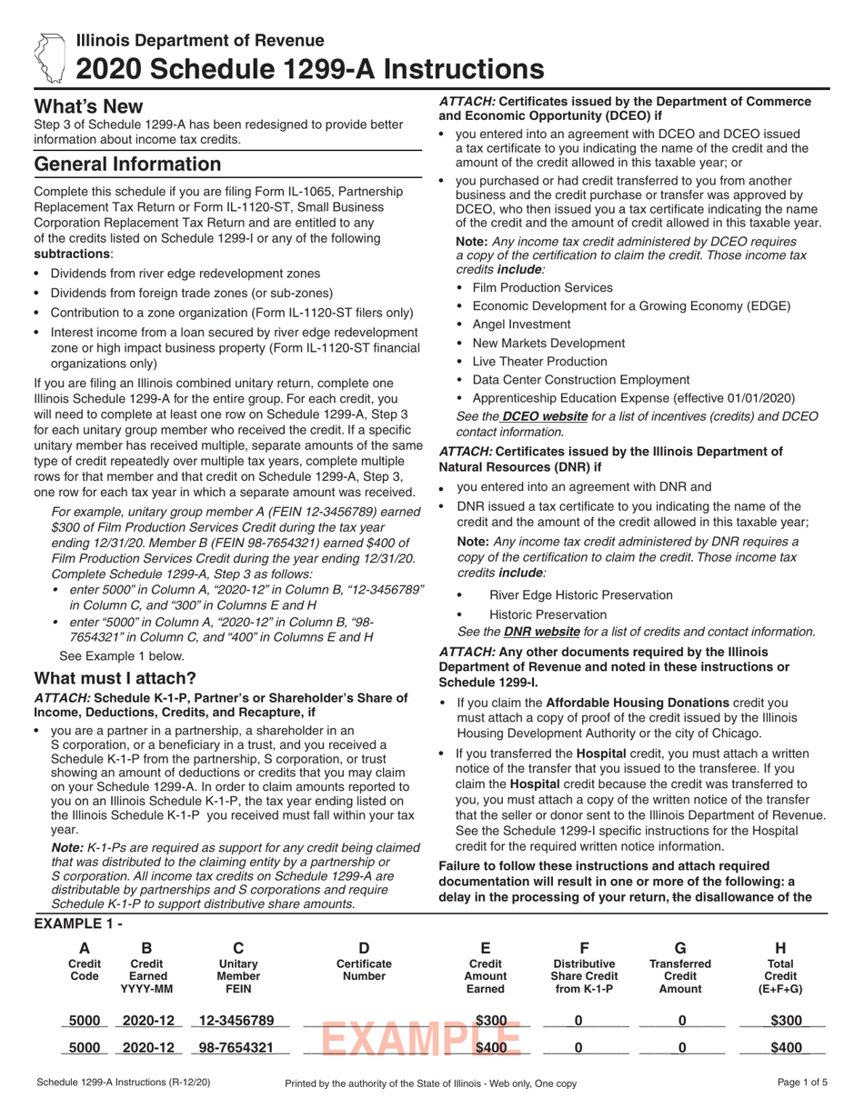 Instructions for Schedule 1299-A Tax Subtractions and Credits (For Partnerships and S Corporations) - Illinois, Page 1