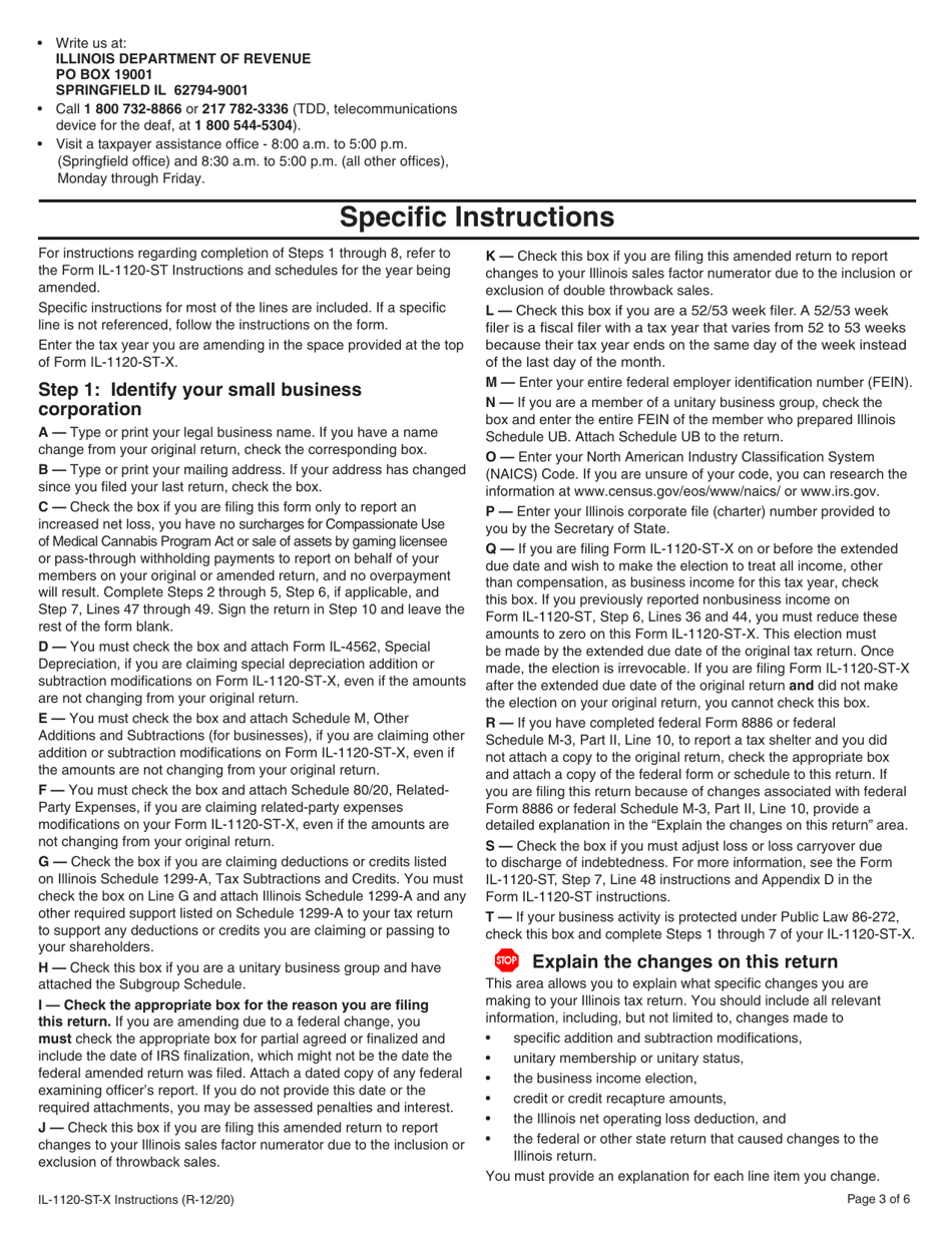 Instructions for Form IL-1120-ST-X Amended Small Business Corporation Replacement Tax Return - Illinois, Page 3